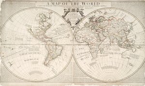 Um mapa do mundo, corrigido das observações comunicadas às Royal Societies de Londres e Paris, ao honrado Richard Boyle, 1711 (gravura a cores)